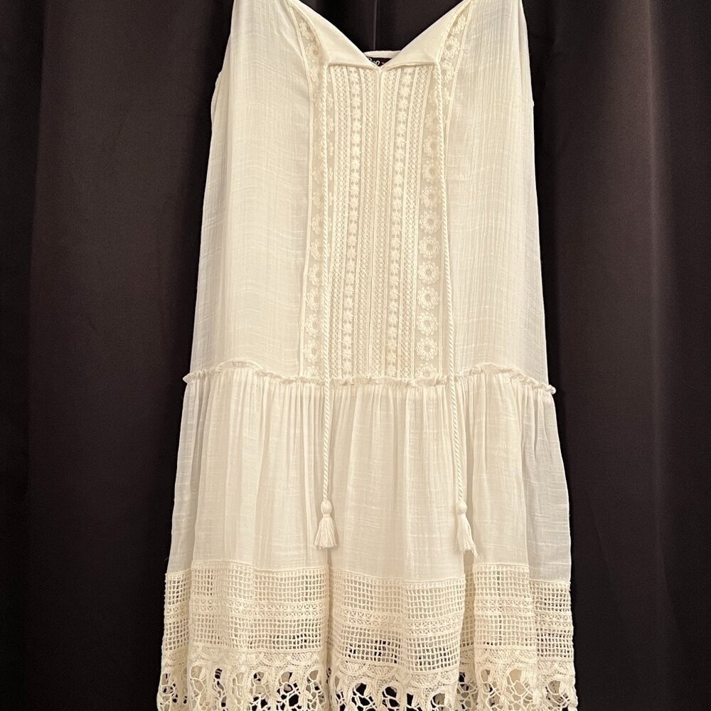 White Gauzy Crochet Lace Trim Boho Cottagecore Sun Dress Beachy Fairy Small READ
